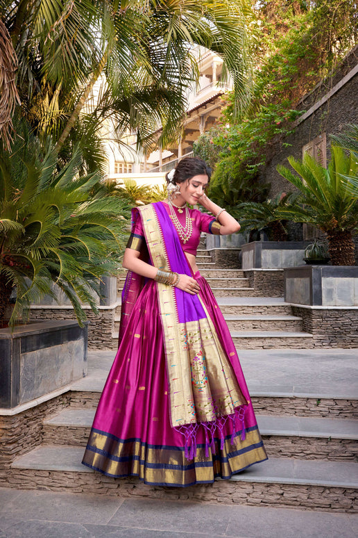 Lorenvalley Pink Jacquard Silk Paithani Zari Weaving Work Lehenga Choli with Dupatta