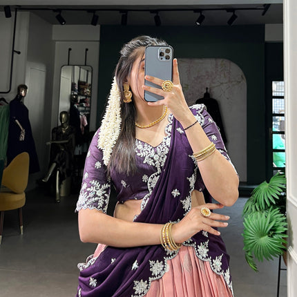 Lorenvalley Peach Zari Kota Zari Weaving Work With Sequins and Thread Embroidery Scallop Lace Border Lehenga Choli with Dupatta