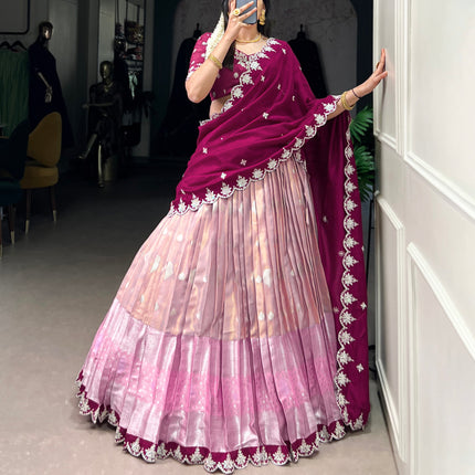 Lorenvalley Pink Zari Kota Zari Weaving Work With Sequins and Thread Embroidery Scallop Lace Border Lehenga Choli with Dupatta