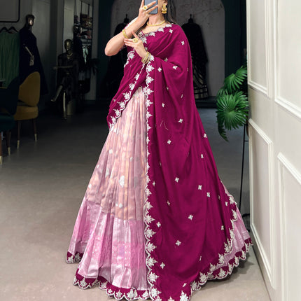 Lorenvalley Pink Zari Kota Zari Weaving Work With Sequins and Thread Embroidery Scallop Lace Border Lehenga Choli with Dupatta