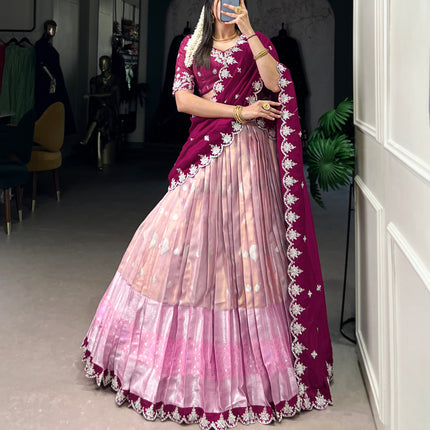 Lorenvalley Pink Zari Kota Zari Weaving Work With Sequins and Thread Embroidery Scallop Lace Border Lehenga Choli with Dupatta