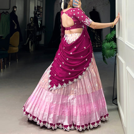 Lorenvalley Pink Zari Kota Zari Weaving Work With Sequins and Thread Embroidery Scallop Lace Border Lehenga Choli with Dupatta