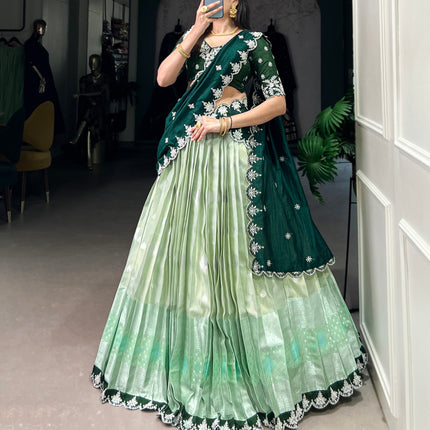 Lorenvalley Pista Zari Kota Zari Weaving Work With Sequins and Thread Embroidery Scallop Lace Border Lehenga Choli with Dupatta