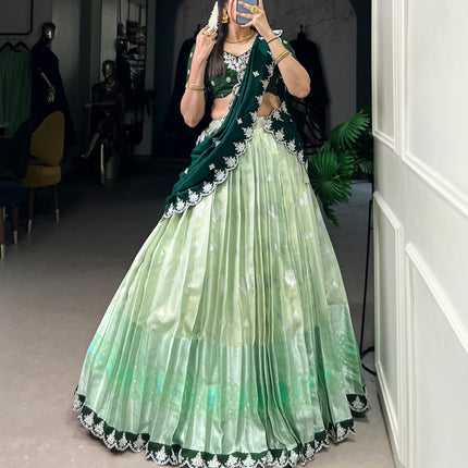 Lorenvalley Pista Zari Kota Zari Weaving Work With Sequins and Thread Embroidery Scallop Lace Border Lehenga Choli with Dupatta