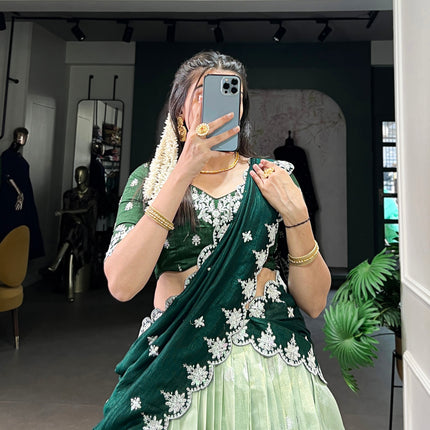 Lorenvalley Pista Zari Kota Zari Weaving Work With Sequins and Thread Embroidery Scallop Lace Border Lehenga Choli with Dupatta