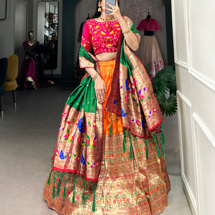 Lorenvalley Orange Jacquard Silk Paithani Zari Weaving Work Lehenga Choli with Dupatta