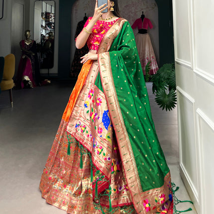 Lorenvalley Orange Jacquard Silk Paithani Zari Weaving Work Lehenga Choli with Dupatta