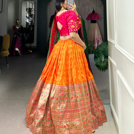 Lorenvalley Orange Jacquard Silk Paithani Zari Weaving Work Lehenga Choli with Dupatta