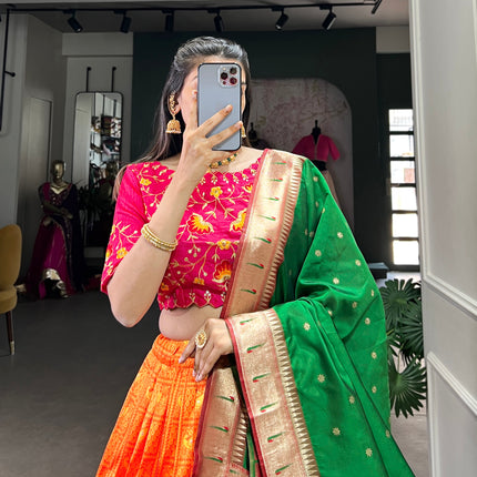 Lorenvalley Orange Jacquard Silk Paithani Zari Weaving Work Lehenga Choli with Dupatta