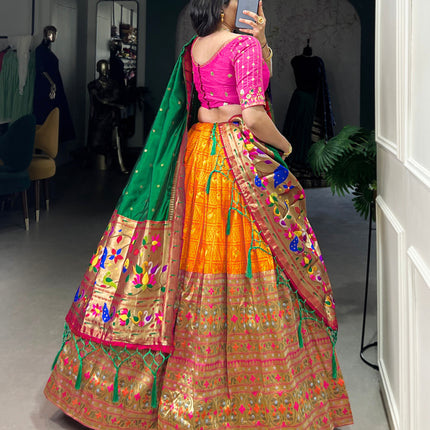 Lorenvalley Orange Jacquard Silk Paithani Zari Weaving Work Lehenga Choli with Dupatta