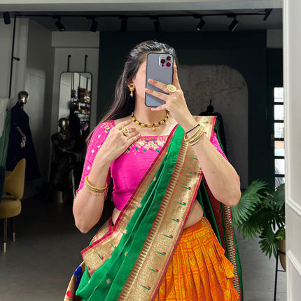 Lorenvalley Orange Jacquard Silk Paithani Zari Weaving Work Lehenga Choli with Dupatta