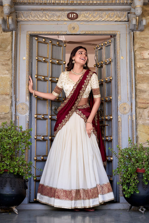 Lorenvalley Off White Vichitra Silk Zari Weaving Work Lace Border Belt with Sequins Lace Touch Up Lehenga Choli with Dupatta