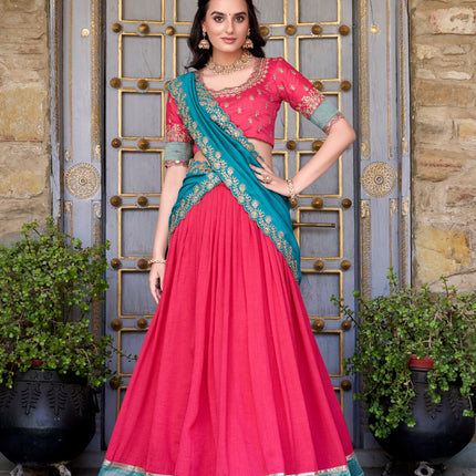 Lorenvalley Pink Vichitra Silk Zari Weaving Work Lace Border Belt with Sequins Lace Touch Up Lehenga Choli with Dupatta