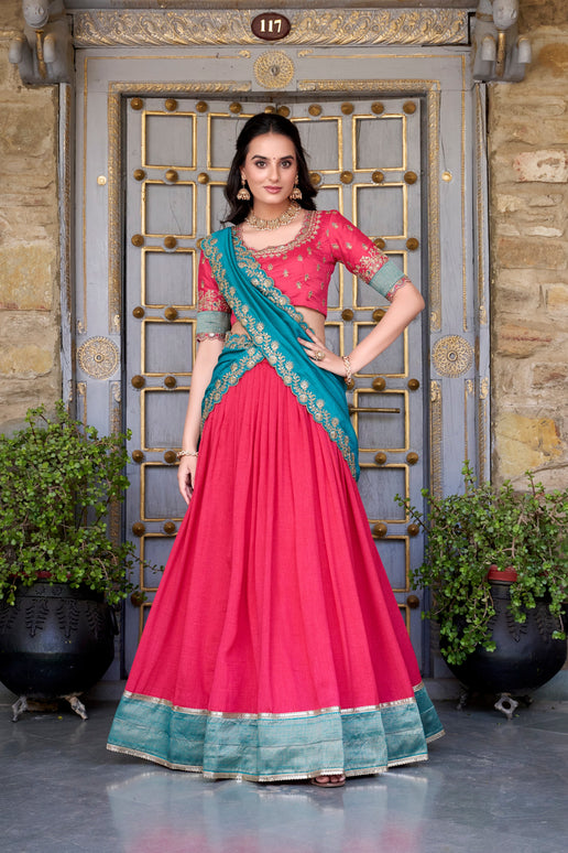 Lorenvalley Pink Vichitra Silk Zari Weaving Work Lace Border Belt with Sequins Lace Touch Up Lehenga Choli with Dupatta
