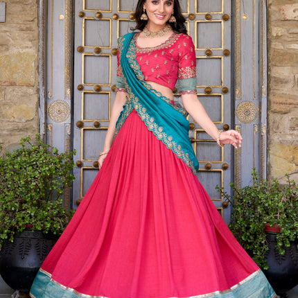 Lorenvalley Pink Vichitra Silk Zari Weaving Work Lace Border Belt with Sequins Lace Touch Up Lehenga Choli with Dupatta