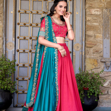 Lorenvalley Pink Vichitra Silk Zari Weaving Work Lace Border Belt with Sequins Lace Touch Up Lehenga Choli with Dupatta