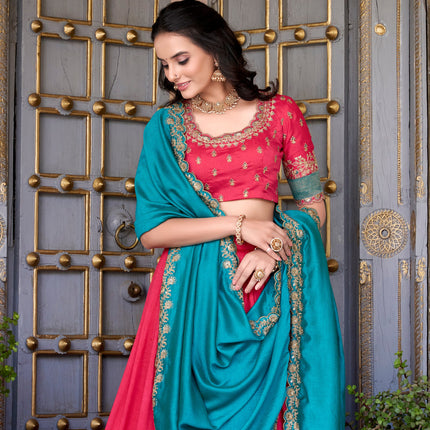 Lorenvalley Pink Vichitra Silk Zari Weaving Work Lace Border Belt with Sequins Lace Touch Up Lehenga Choli with Dupatta