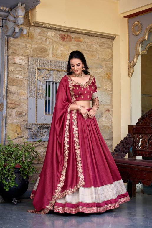 Lorenvalley Rust Vichitra Silk Zari Weaving Work Lace Border Belt with Sequins Lace Touch Up Lehenga Choli with Dupatta