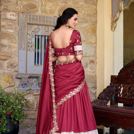 Lorenvalley Rust Vichitra Silk Zari Weaving Work Lace Border Belt with Sequins Lace Touch Up Lehenga Choli with Dupatta