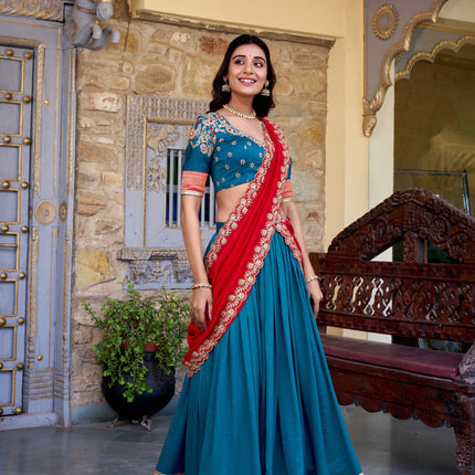 Lorenvalley Teal Vichitra Silk Zari Weaving Work Lace Border Belt with Sequins Lace Touch Up Lehenga Choli with Dupatta