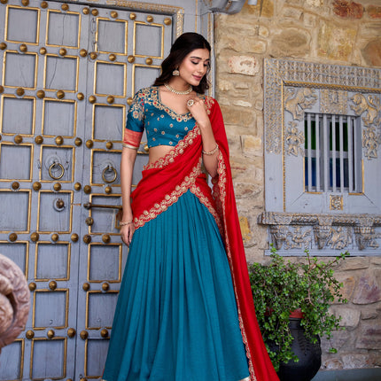 Lorenvalley Teal Vichitra Silk Zari Weaving Work Lace Border Belt with Sequins Lace Touch Up Lehenga Choli with Dupatta