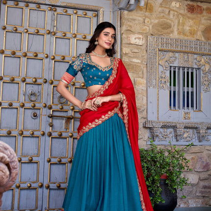 Lorenvalley Teal Vichitra Silk Zari Weaving Work Lace Border Belt with Sequins Lace Touch Up Lehenga Choli with Dupatta