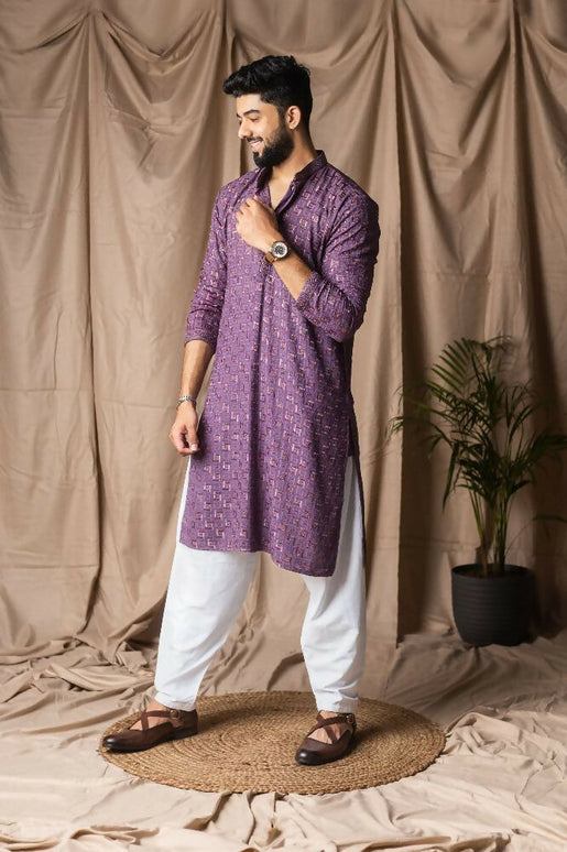 Purple Rayon Thread Embroidery Work Kurta Set - Mahotsav