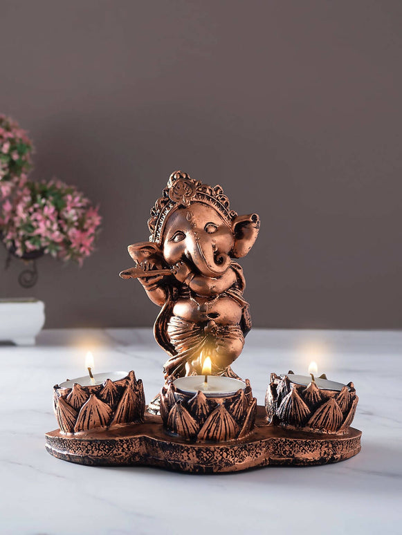 Golden Peacock Brown Ganesha Diya Holder