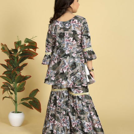 Divine Drape Girls Muslin Grey Printed Straight Kids Kurta Sharara With Dupatta