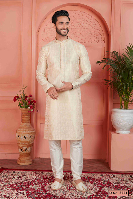 Raivat Ethnic Men's Jacquard Silk Brocade Pintux Work Kurta Pyjama In Cream Colour