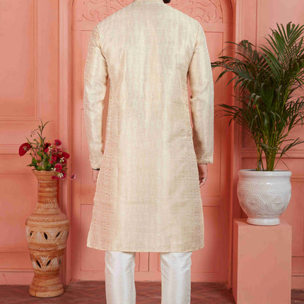 Raivat Ethnic Men's Jacquard Silk Brocade Pintux Work Kurta Pyjama In Cream Colour