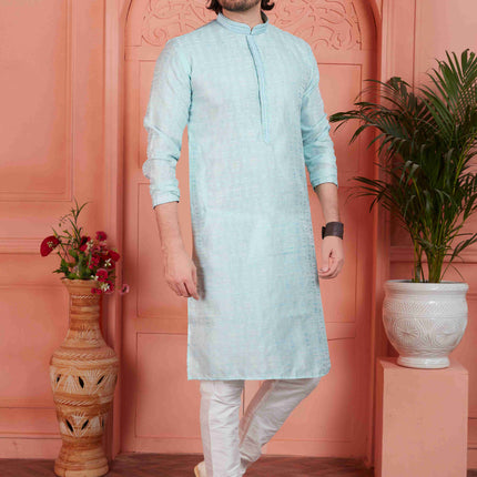 Raivat Ethnic Men's Jacquard Silk Brocade Pintux Work Kurta Pyjama In Sky Blue Colour
