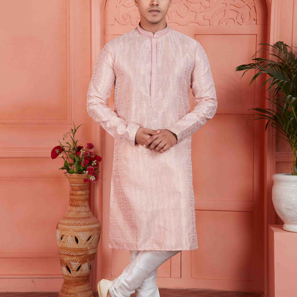 Raivat Ethnic Men's Jacquard Silk Brocade Pintux Work Kurta Pyjama In Peach Colour