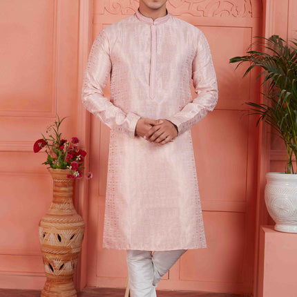 Raivat Ethnic Men's Jacquard Silk Brocade Pintux Work Kurta Pyjama In Peach Colour