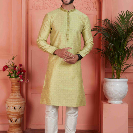 Raivat Ethnic Men's Jacquard Silk Brocade Mirror and Pintux Work Kurta Pyjama In Yellow Colour