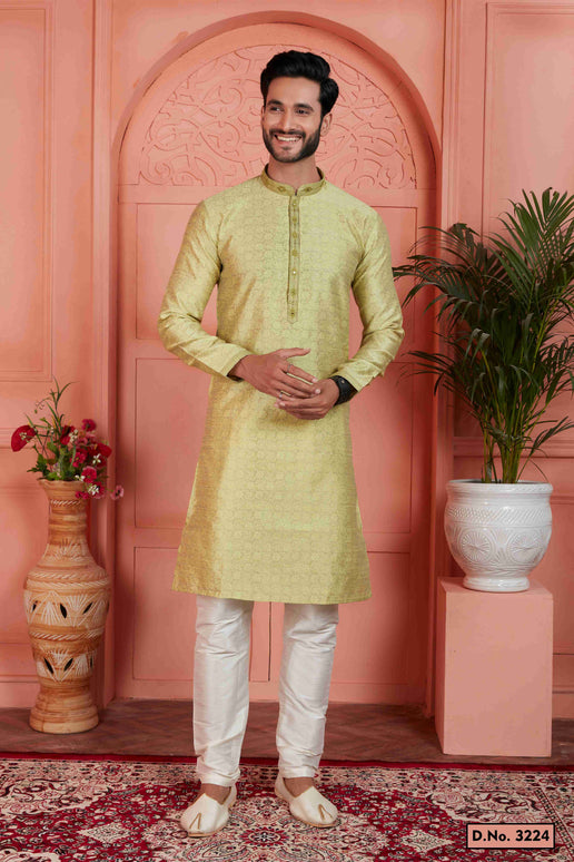 Raivat Ethnic Men's Jacquard Silk Brocade Mirror and Pintux Work Kurta Pyjama In Yellow Colour