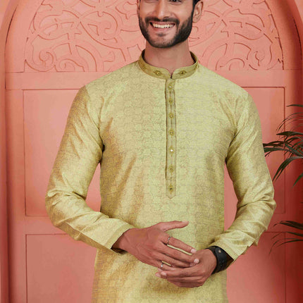 Raivat Ethnic Men's Jacquard Silk Brocade Mirror and Pintux Work Kurta Pyjama In Yellow Colour
