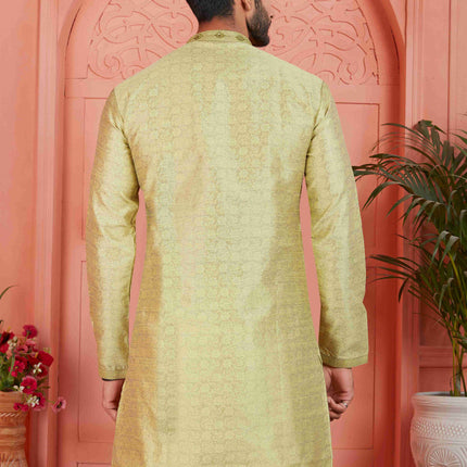 Raivat Ethnic Men's Jacquard Silk Brocade Mirror and Pintux Work Kurta Pyjama In Yellow Colour