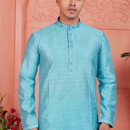 Raivat Ethnic Men's Jacquard Silk Brocade Mirror and Pintux Work Kurta Pyjama In Blue Colour
