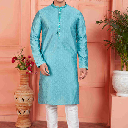 Raivat Ethnic Men's Jacquard Silk Brocade Mirror and Pintux Work Kurta Pyjama In Blue Colour