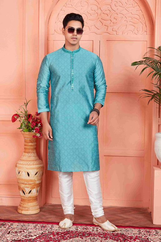 Raivat Ethnic Men's Jacquard Silk Brocade Mirror and Pintux Work Kurta Pyjama In Blue Colour