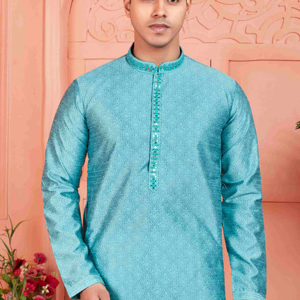 Raivat Ethnic Men's Jacquard Silk Brocade Mirror and Pintux Work Kurta Pyjama In Blue Colour