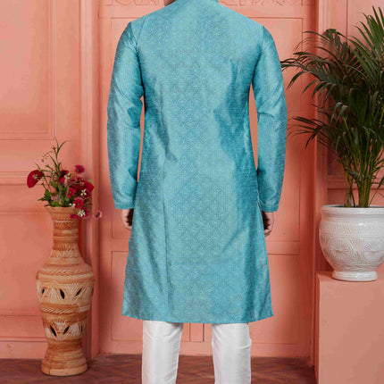 Raivat Ethnic Men's Jacquard Silk Brocade Mirror and Pintux Work Kurta Pyjama In Blue Colour