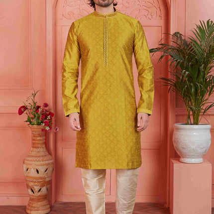 Raivat Ethnic Men's Jacquard Silk Brocade Mirror and Pintux Work Kurta Pyjama In Gold Colour