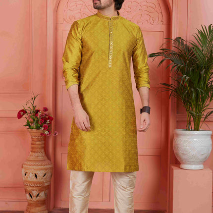 Raivat Ethnic Men's Jacquard Silk Brocade Mirror and Pintux Work Kurta Pyjama In Gold Colour