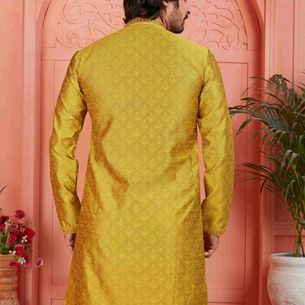 Raivat Ethnic Men's Jacquard Silk Brocade Mirror and Pintux Work Kurta Pyjama In Gold Colour