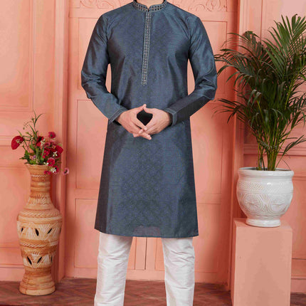 Raivat Ethnic Men's Jacquard Silk Brocade Mirror and Pintux Work Kurta Pyjama In Dark Grey Colour