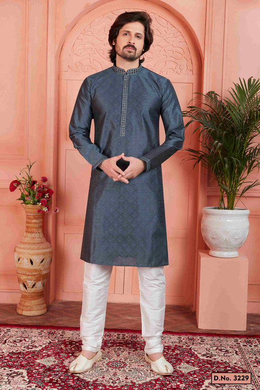 Raivat Ethnic Men's Jacquard Silk Brocade Mirror and Pintux Work Kurta Pyjama In Dark Grey Colour