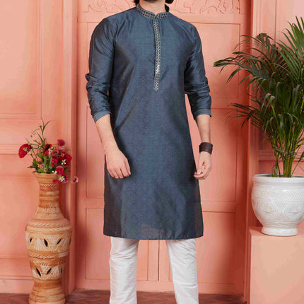 Raivat Ethnic Men's Jacquard Silk Brocade Mirror and Pintux Work Kurta Pyjama In Dark Grey Colour
