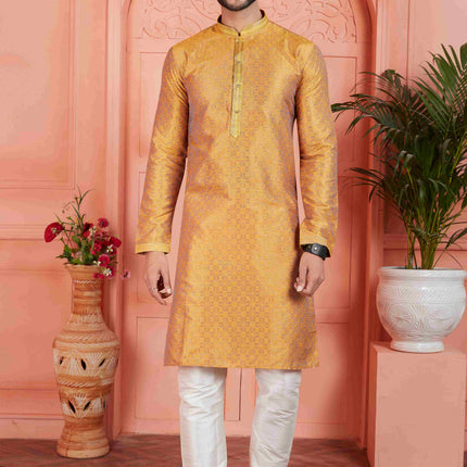 Raivat Ethnic Men's Jacquard Silk Brocade Pintux Work Kurta Pyjama In Mustard Colour